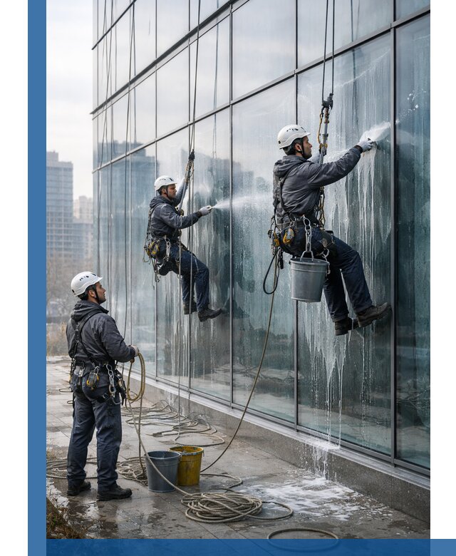 Промышленная мойка панорамных окон на высоте в Реже