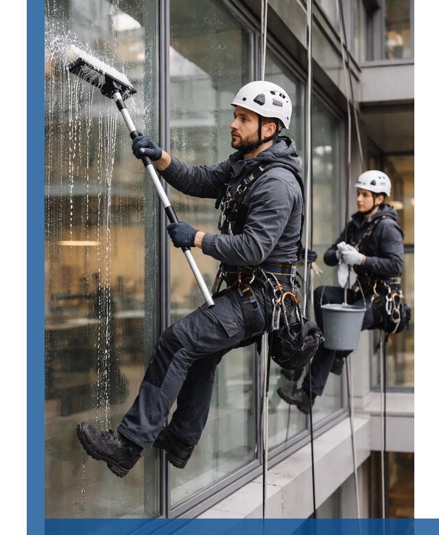 Профессиональная мойка витражей промышленными альпинистами в Реже