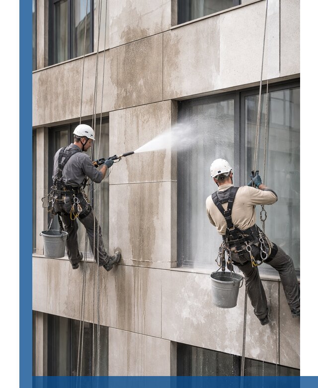 Послестроительная мойка фасада промышленным альпинизмом в Реже