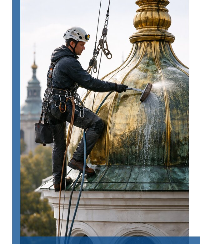Профессиональная мойка куполов и шпилей высотными альпинистами в Реже
