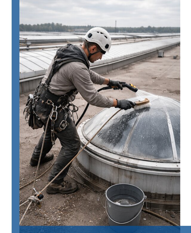 Мойка зенитных фонарей на кровле для промышленных объектов в Реже