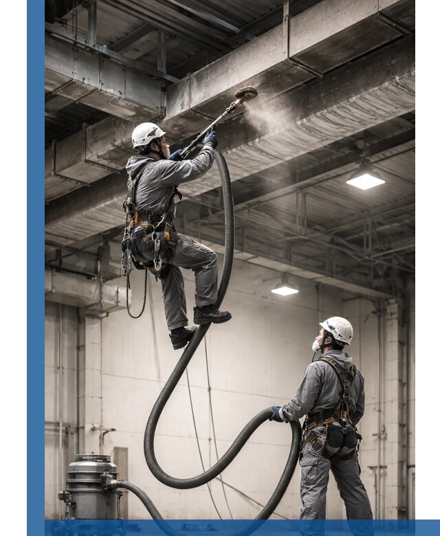 Обеспыливание потолочных конструкций в Реже промышленным альпинизмом