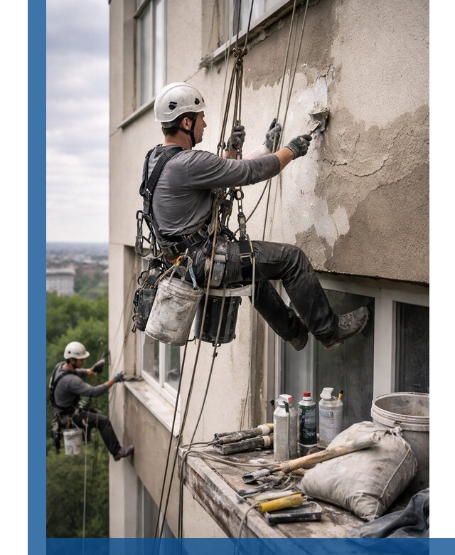 Косметический ремонт фасада зданий в Реже промышленными альпинистами