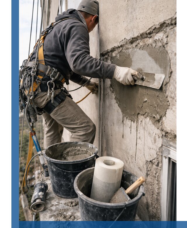 Ремонт бетонных элементов фасада промышленными альпинистами в Реже