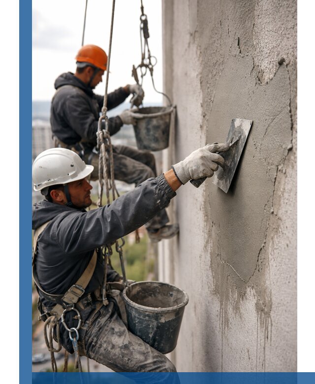 Штукатурка фасада на высоте в Реже профессиональные работы