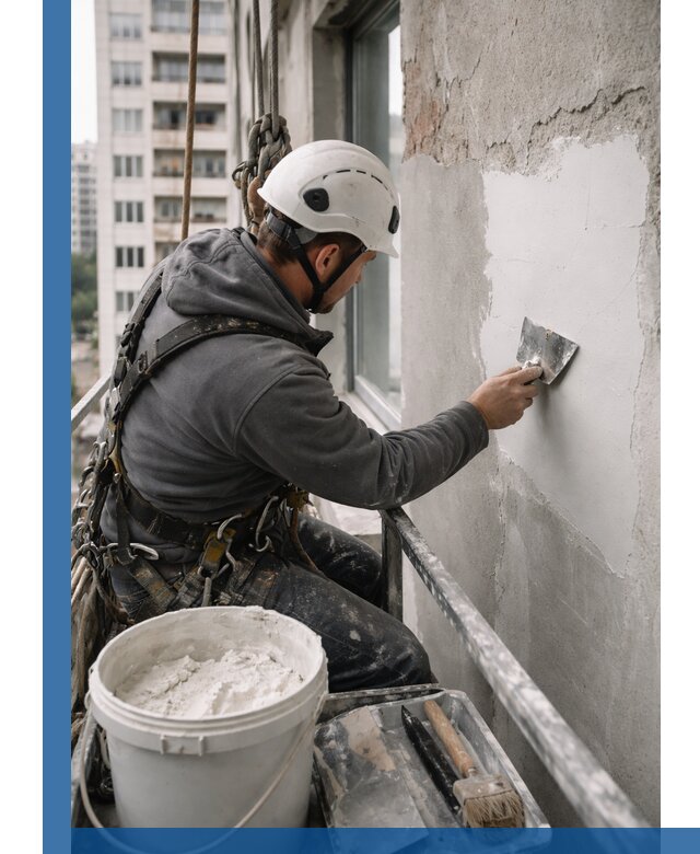 Шпаклевка фасадов на высоте с промальпинистами в Реже