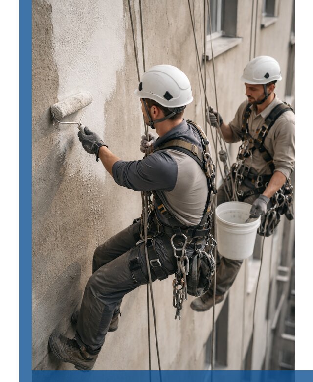 Грунтовка фасада на высоте в Реже промышленными альпинистами