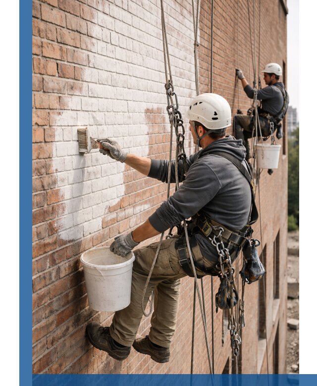Покраска кирпичного фасада с доступным альпинистским сервисом в Реже
