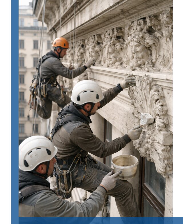 Реставрация фасадной лепнины с высотными работами в Реже