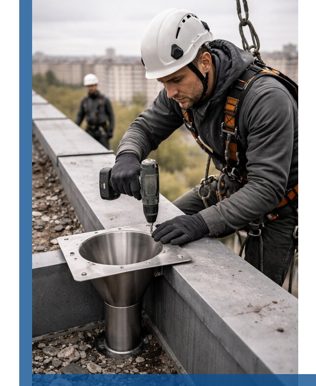 Монтаж водосточных воронок в Реже для промышленных зданий