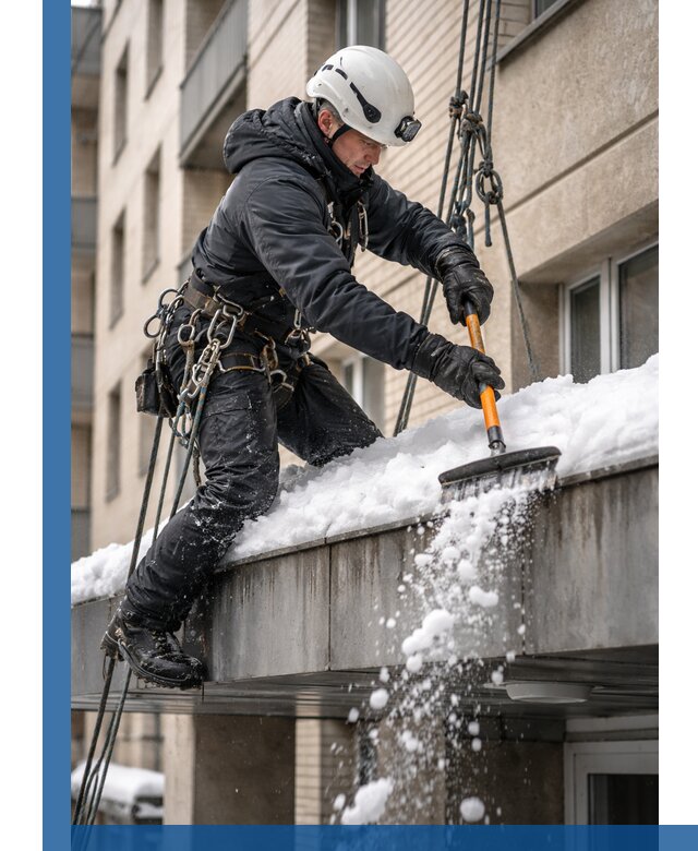 Очистка козырьков от снега в Реже круглогодично безопасно