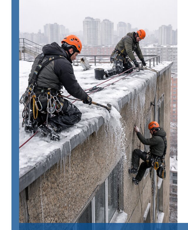 Удаление наледи с кровли в Реже промышленными альпинистами