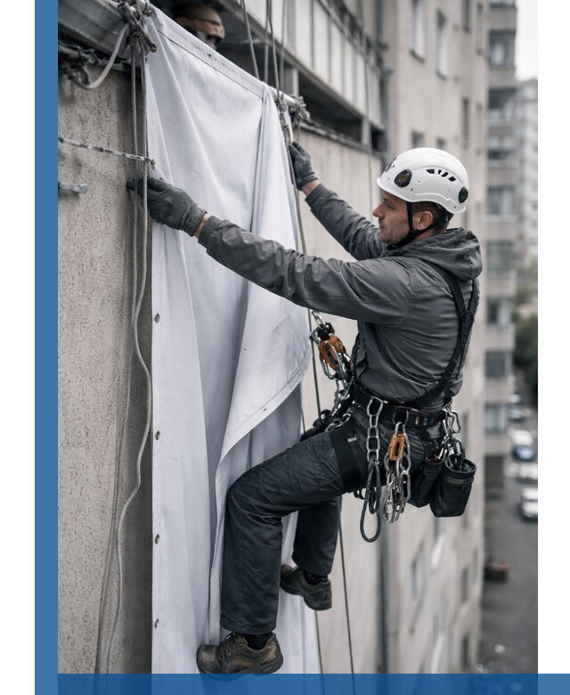Замена баннерного полотна промышленными альпинистами в Реже