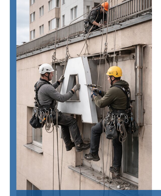 Ремонт и восстановление наружных вывесок на высоте в Реже
