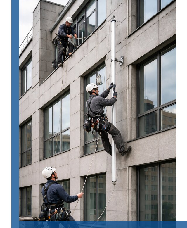 Монтаж флагштока на фасаде здания с креплением и герметикой в Реже