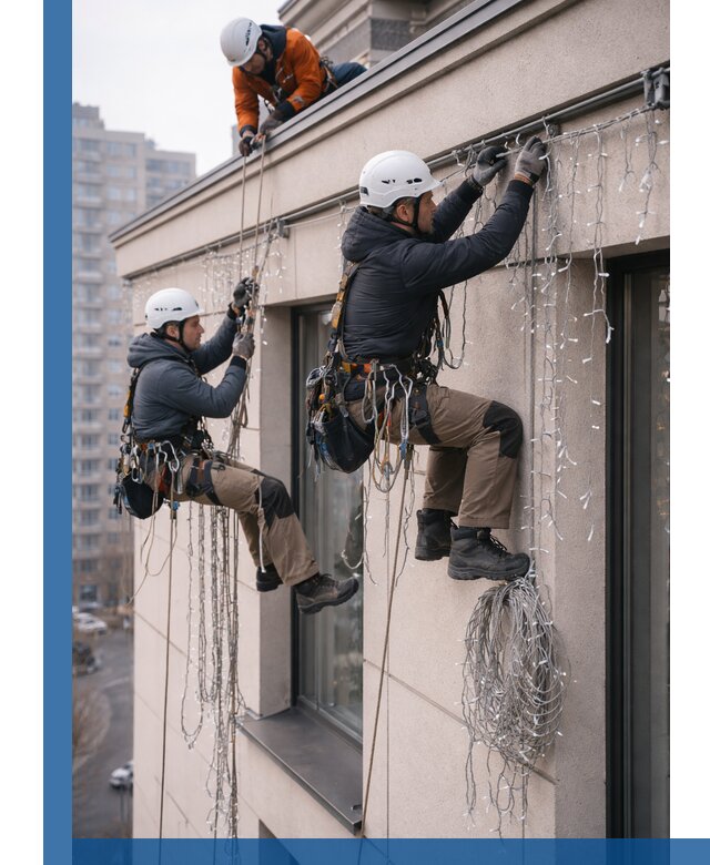 Монтаж праздничных гирлянд на фасаде в Реже для зданий