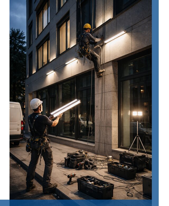 Монтаж архитектурной подсветки здания в Реже от 2738 р.|ВЫСОТНИК-Реж