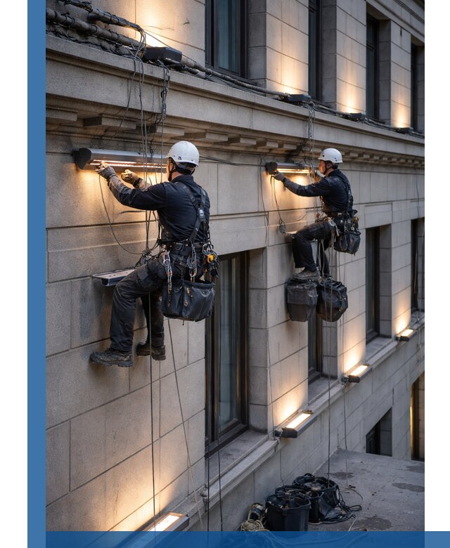 Монтаж архитектурной подсветки фасадов зданий в Реже