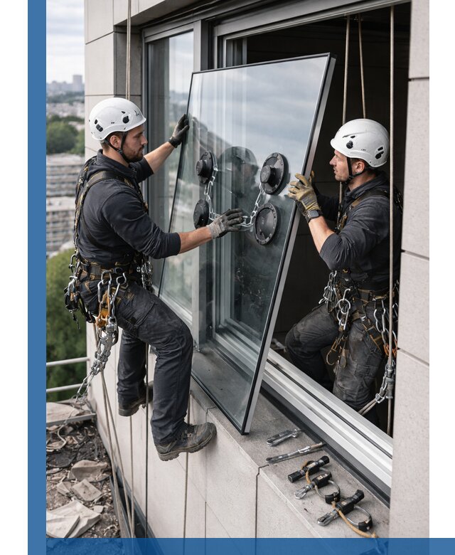 Замена стеклопакетов на высоте с промышленными альпинистами в Реже