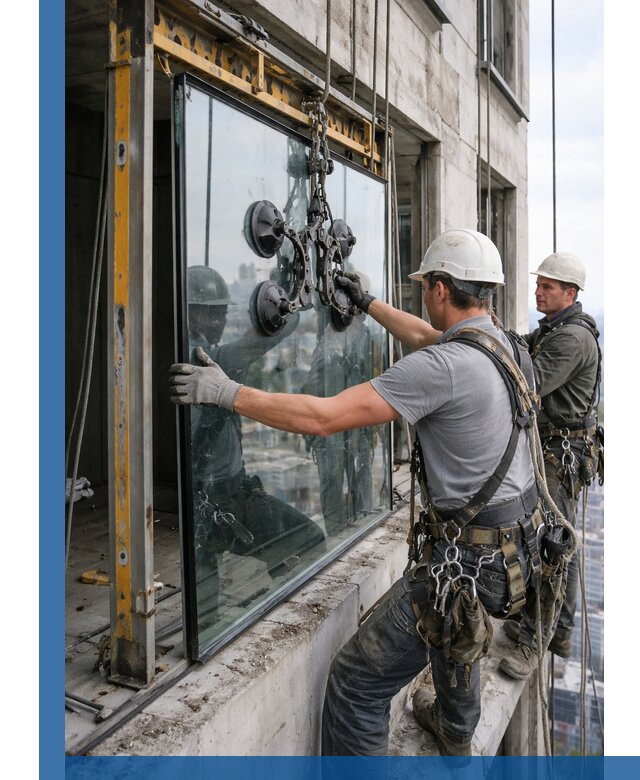 Монтаж стеклопакетов на высоте в Реже с промышленным альпинизмом