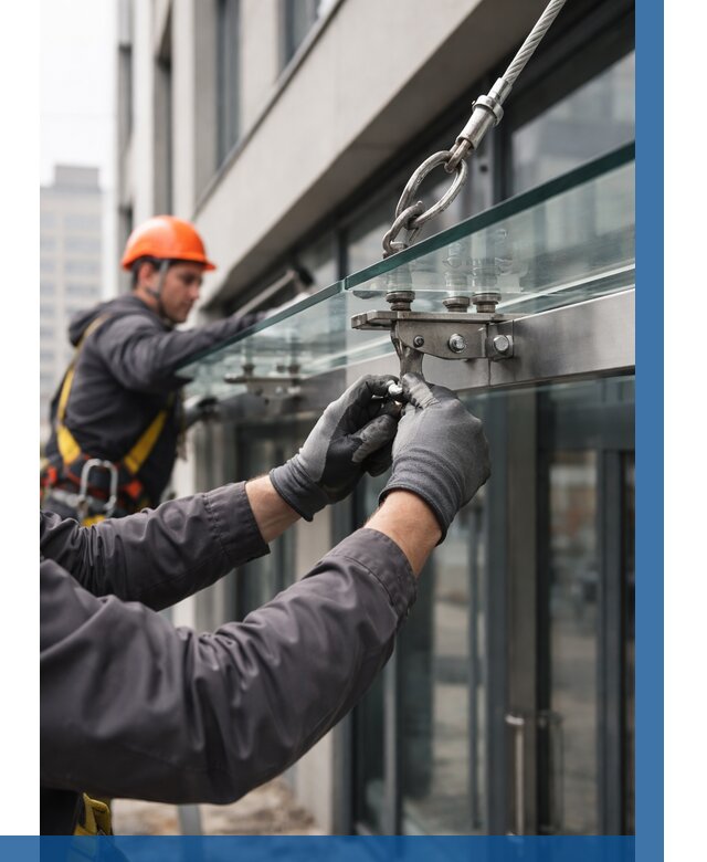 Монтаж стеклянных козырьков в Реже от 9310 р. | ВЫСОТНИК-Реж