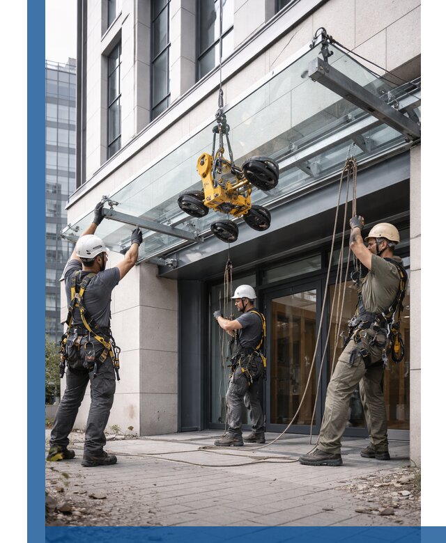 Монтаж стеклянных козырьков под ключ в Реже для зданий