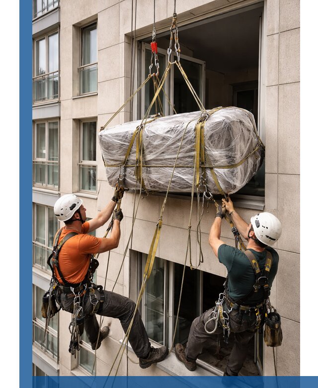 Подъем грузов через окно в Реже промышленными альпинистами