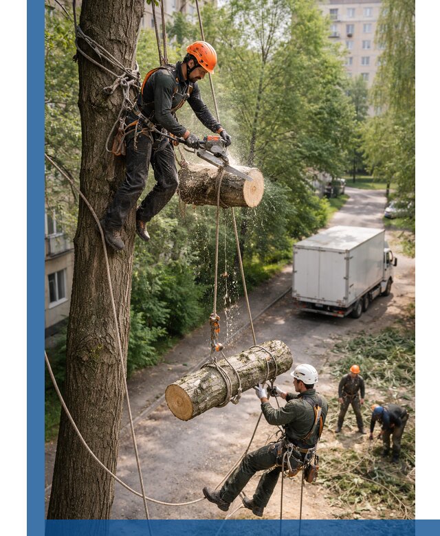 Спил деревьев альпинистами в Реже, безопасно и без повреждений