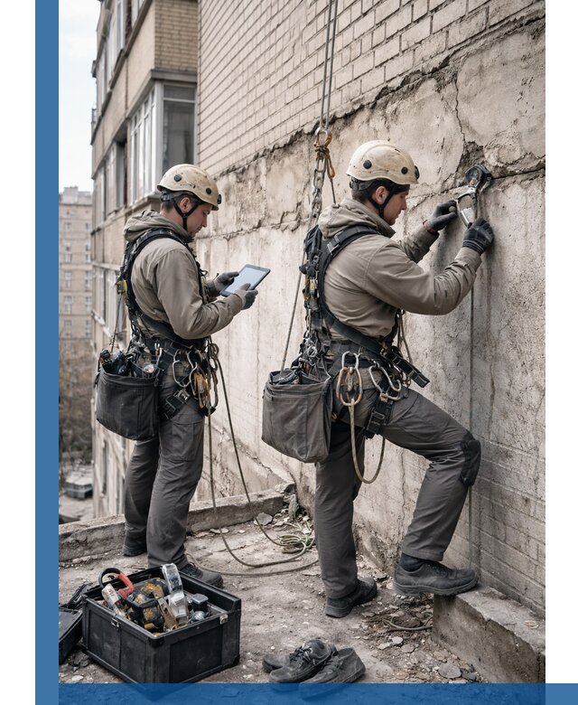 Обследование фасада промышленными альпинистами в Реже